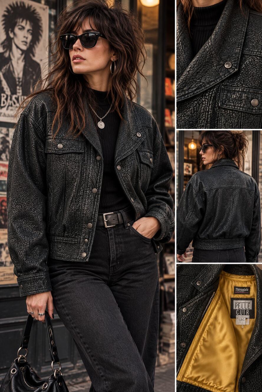 Vintage 80s Pelle Cuir Black Leather Jacket Removable Thinsulate Liner S